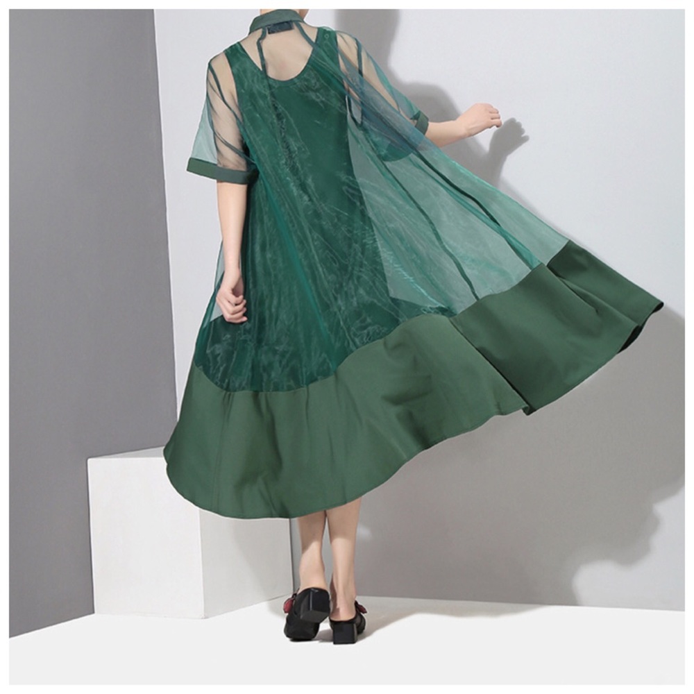 Green Sheer Fun Asymmetrical Swing Dress - Picture 3 of 8